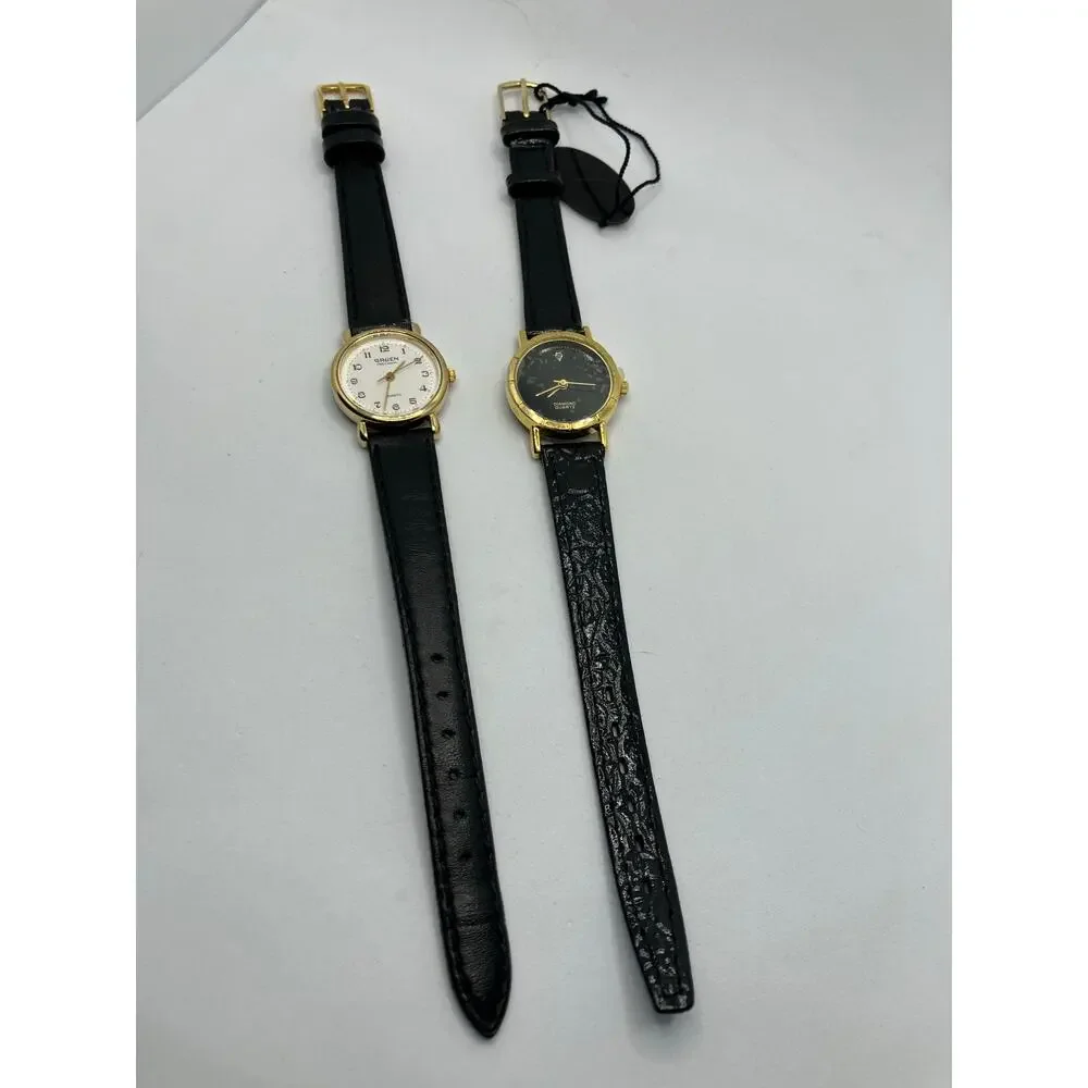 Women's Watch Lot‎ of (2) Gold Tone BLACK LEATHER Gruen Diamon Analog